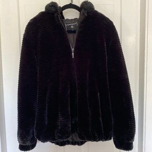 Portrait Faux Fur Hoodie - Black,  Large/Medium